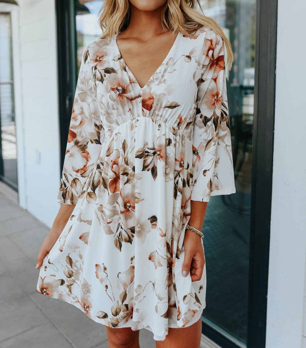 Floral 3/4 Sleeve Empire Dress