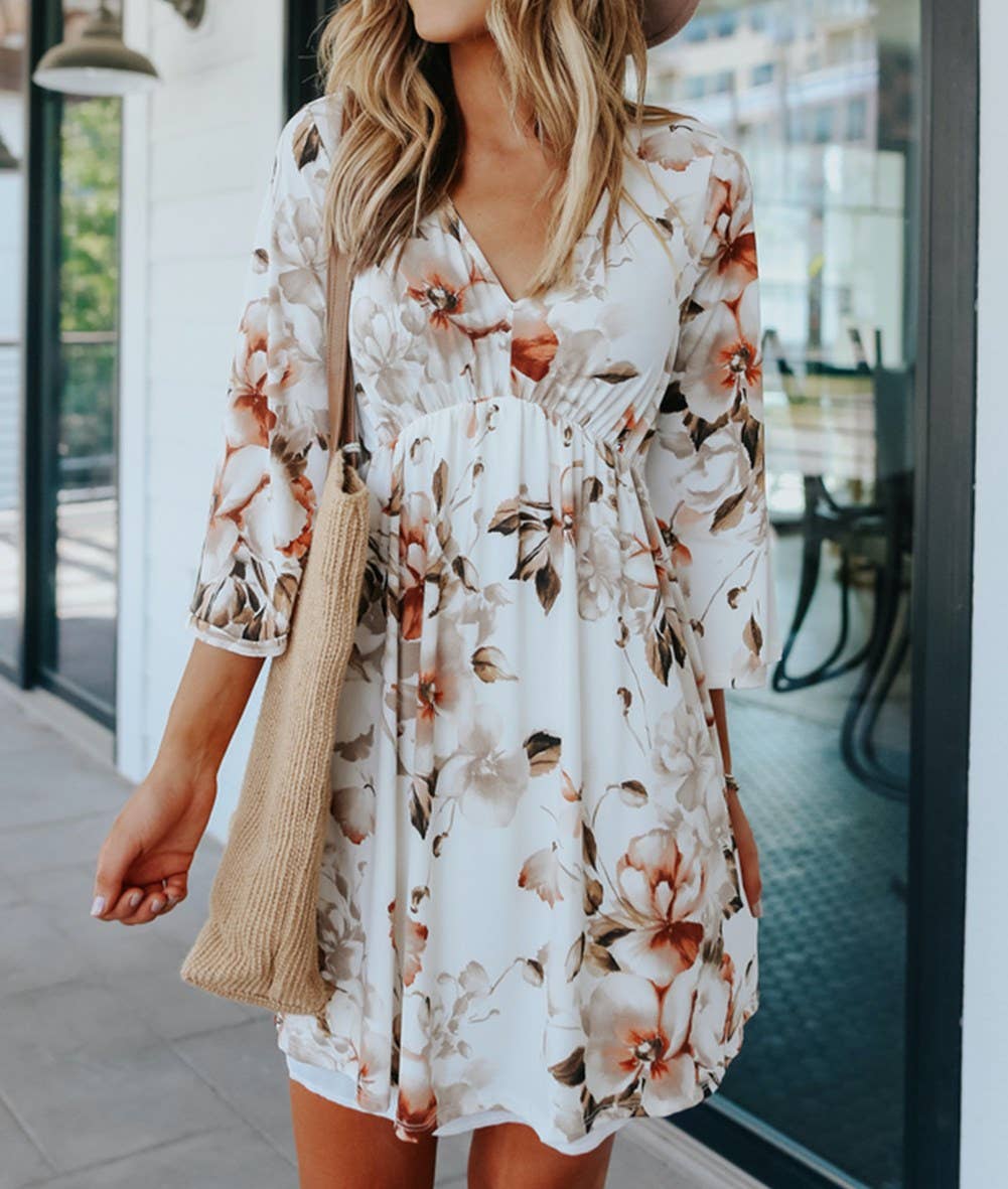 Floral 3/4 Sleeve Empire Dress