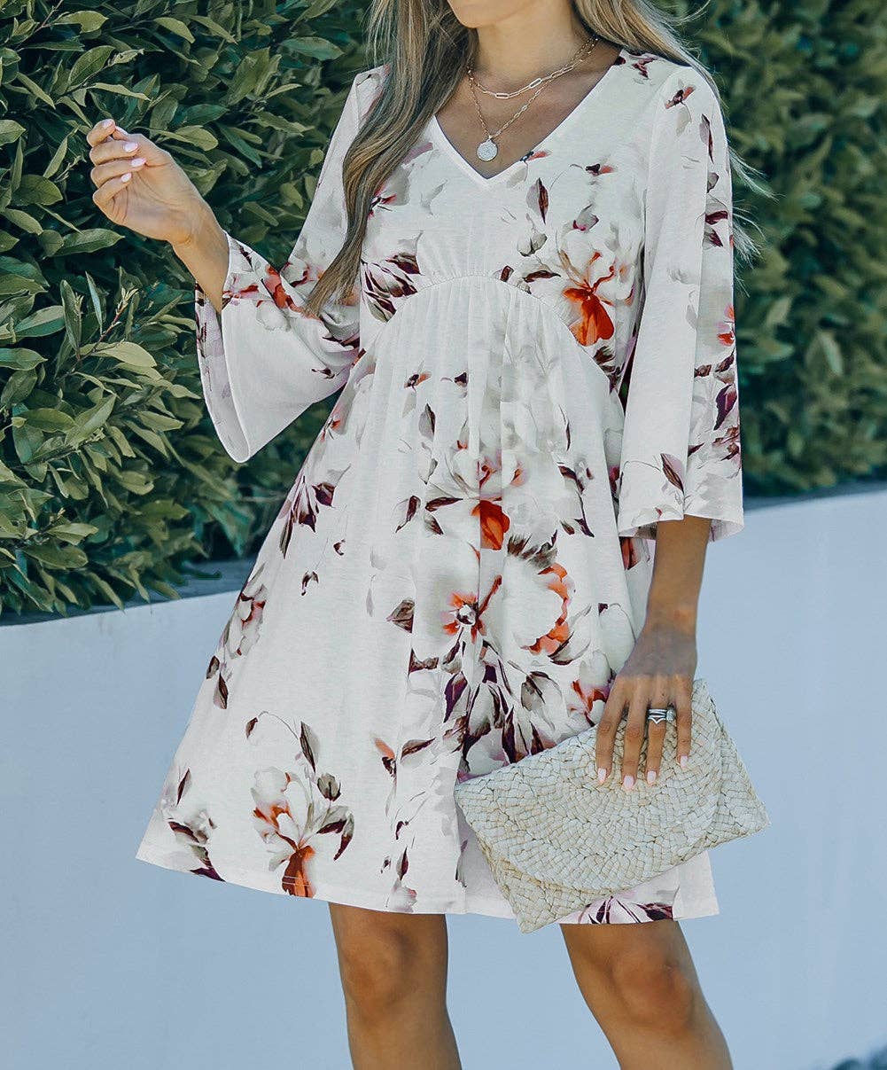 Floral 3/4 Sleeve Empire Dress