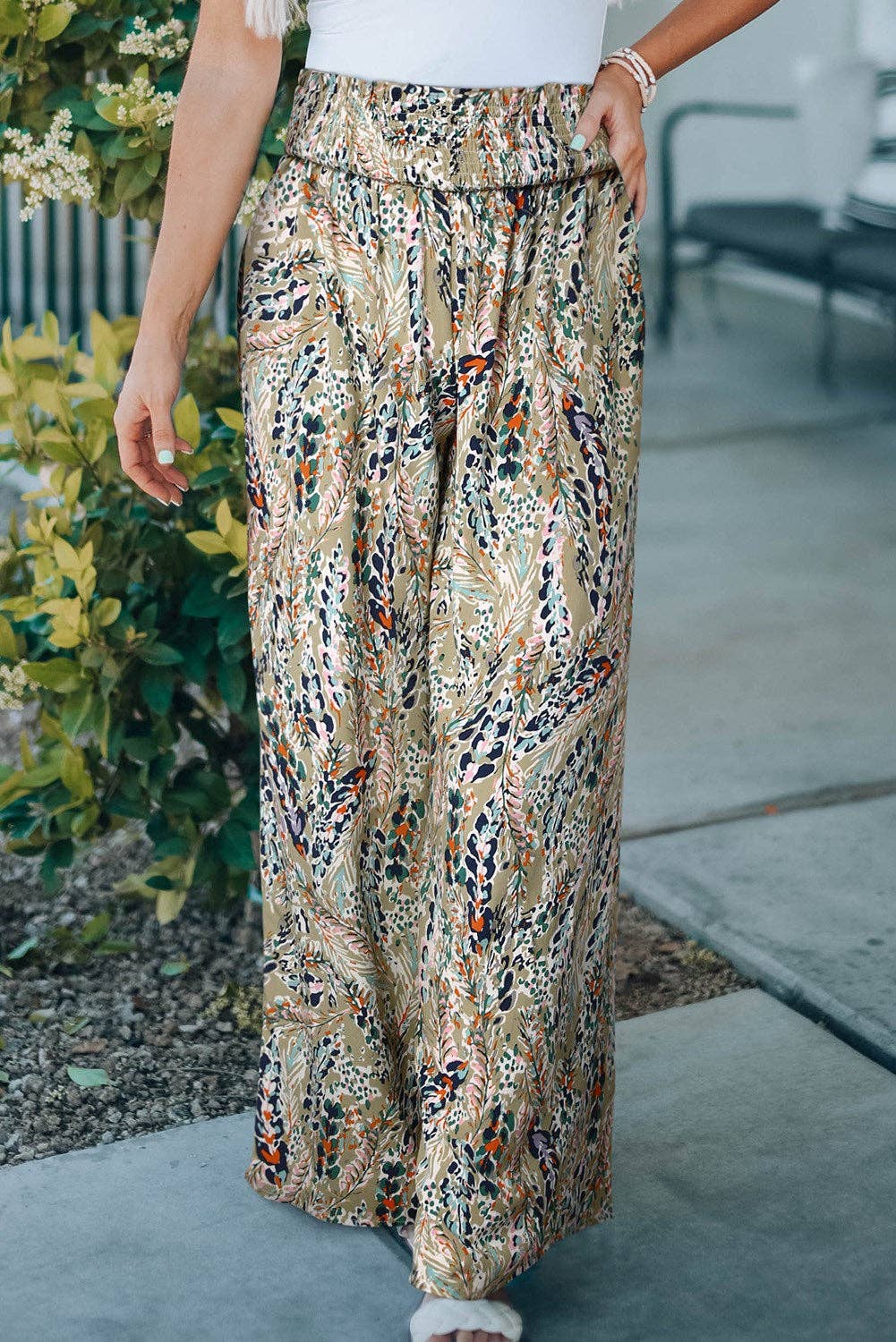 Shirred High Waist Floral Palazzo Wide Leg Pants